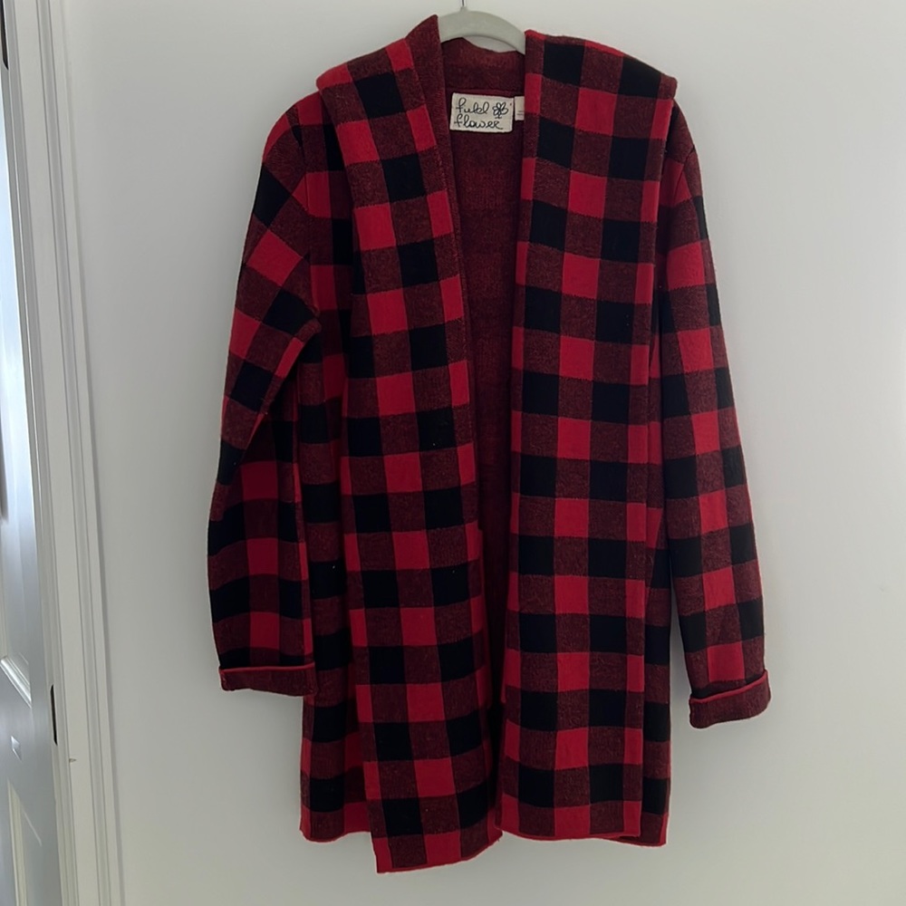 Anthropologie field flower buffalo check sweater coat